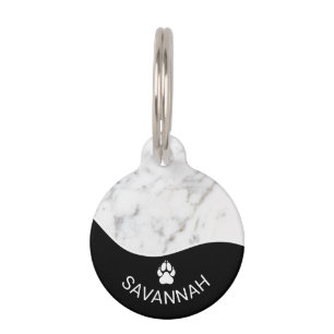 Médaillon Pour Animaux Élégant Noir Avec Texture De Marbre Blanc Faux & P