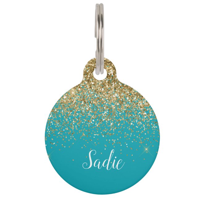 Médaillon Pour Animaux Élégante Parties scintillant or Turquoise White Pe (Devant)