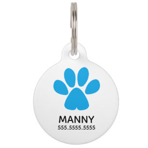 Médaillon Pour Animaux Empreinte de patte bleu, détails personnalisés pou