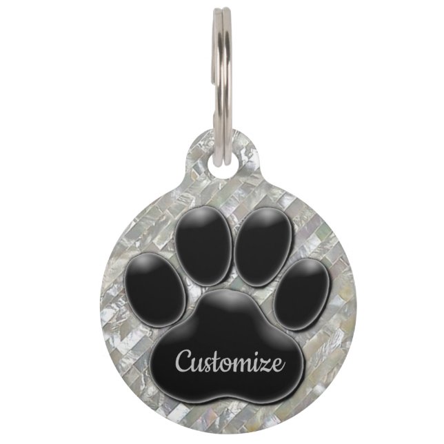 Médaillon Pour Animaux Empreinte de patte noir perle blanche personnalisé (Devant)