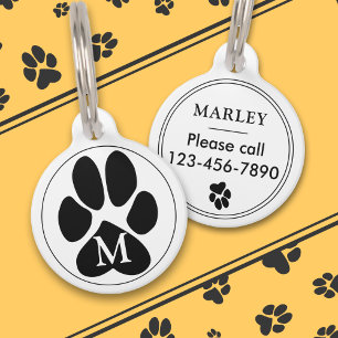 Médaillon Pour Animaux Empreinte de patte noire Monogramme minimaliste Co