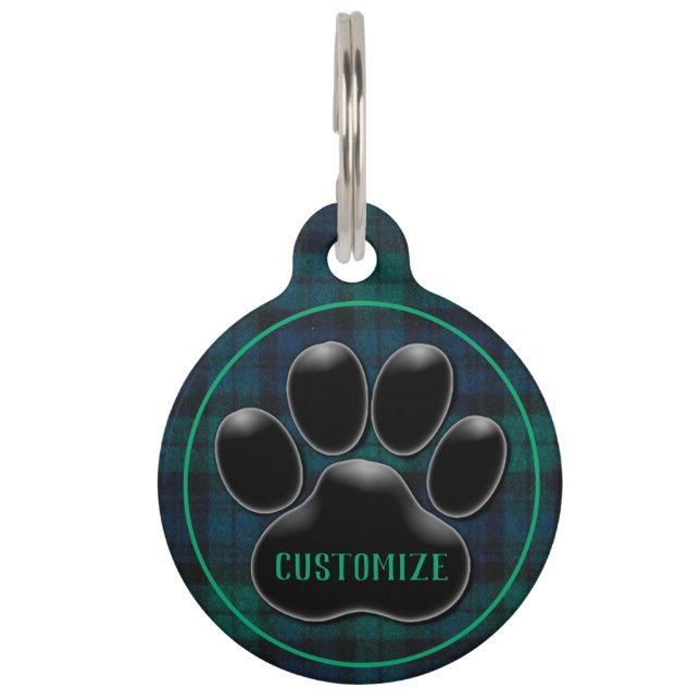 Médaillon Pour Animaux Empreinte de patte Tartan vert personnalisé (Devant)