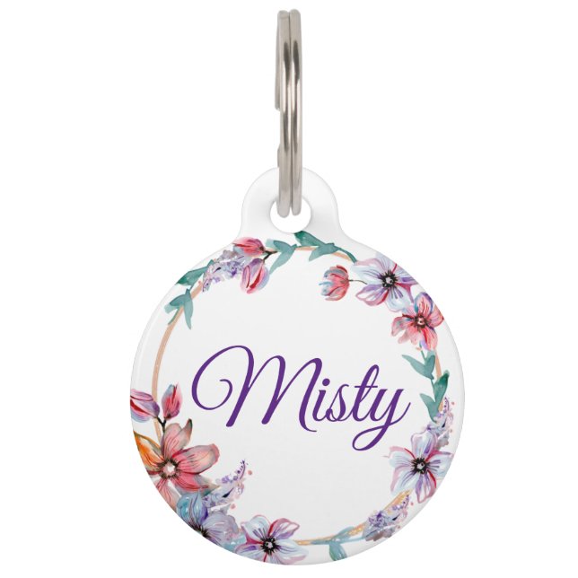 Médaillon Pour Animaux Étiquette ronde à bordure florale (Devant)