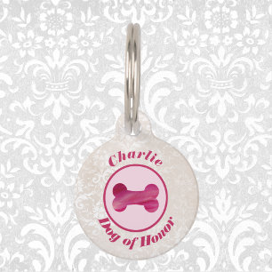 Médaillon Pour Animaux Fausse dentelle et os fuchsia "Chien d'honneur" Ma