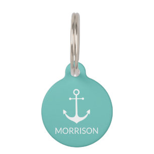 Médaillon Pour Animaux Feu d'Ancre nautique turquoise Personnalisé Nom in