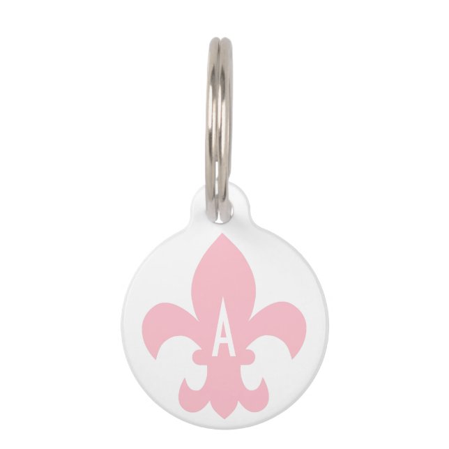 Médaillon Pour Animaux Fleur de Lis Monogramme rose et blanc (Devant)