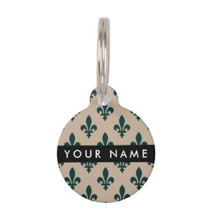Médaillon Pour Animaux Fleur de Lis, Vert sur Beige, Royal, Votre Nom