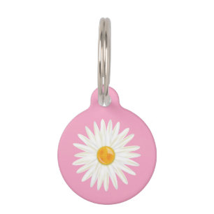 Médaillon Pour Animaux Fleur de marguerite illustrée sur fond rose avec l