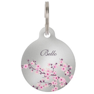 Médaillon Pour Animaux Fleurs de cerisier rose argent Personnaliser