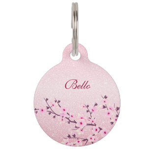 Médaillon Pour Animaux Fleurs de cerisier rose pailletées personnalisées