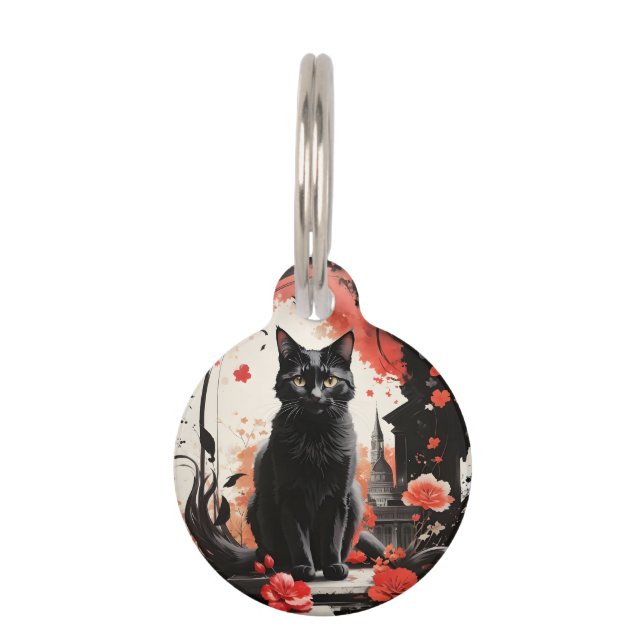 Médaillon Pour Animaux Fleurs rouges personnalisées en nacelle noire (Devant)