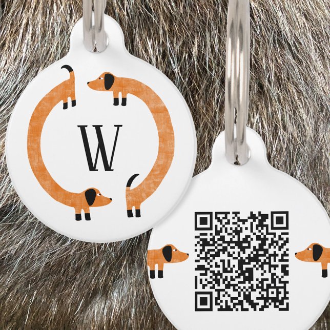 Médaillon Pour Animaux Funny Dachshund Saucisse Chien Monogramme QR Code (Fun monogram and QR code Dachshund dog tag)