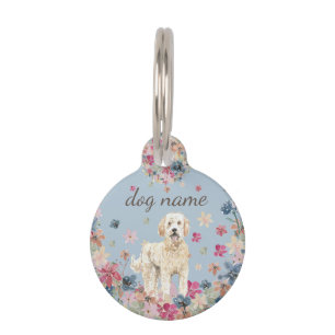 Médaillon Pour Animaux Golden doodle floral bleu élégant mignon
