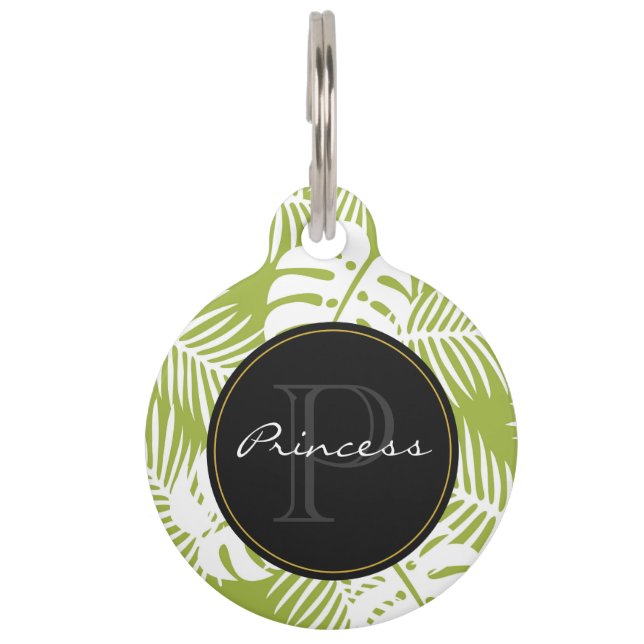 Médaillon Pour Animaux Green Palm Feuille Rainforest Motif Monogram (Devant)