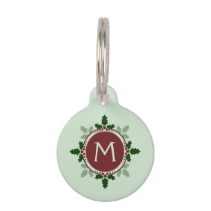 Médaillon Pour Animaux Holly Feuilles Monogramme Vert Rouge Noël