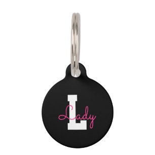 Médaillon Pour Animaux Joli nom et monogramme   Noir blanc et rose