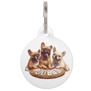 Médaillon Pour Animaux Jolis Bouledogues Français Jouant aux Cartes