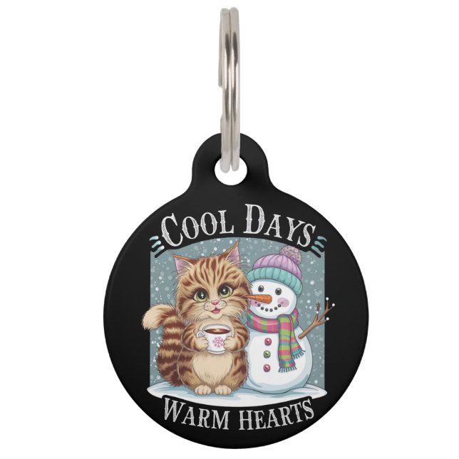 Médaillon Pour Animaux Kitten Cat and Snowman Friends Share Coffee Winter (Devant)