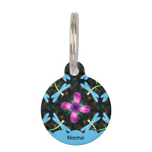 Médaillon Pour Animaux Les libellules de Néon Motif noir à fleurs roses