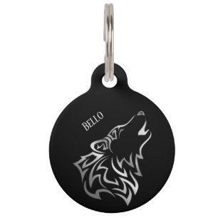 Médaillon Pour Animaux Loup noir argenté Ajouter un nom et une adresse