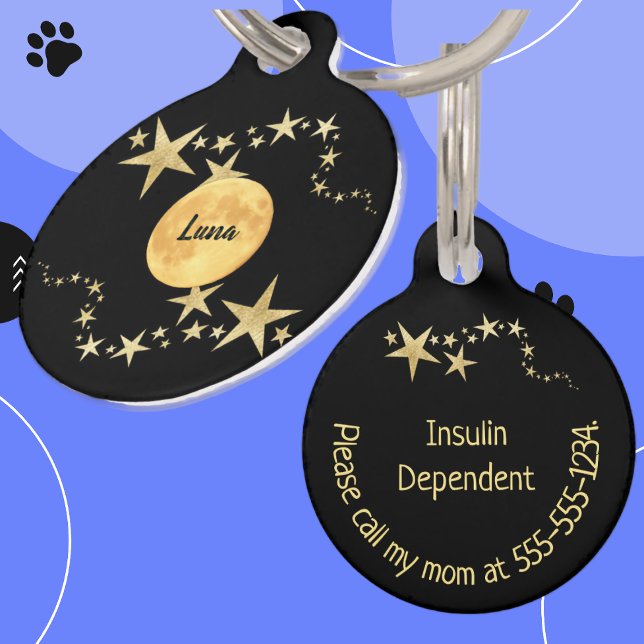 Médaillon Pour Animaux Lune Luna Gold Stars Personnalisé (Créateur téléchargé)