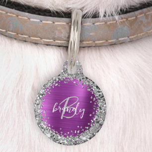Médaillon Pour Animaux Magenta Métal Brossé Paillettes Argent Monogramme 