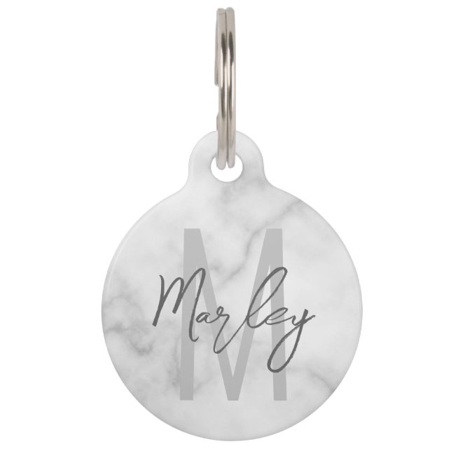 Médaillon Pour Animaux Marbre blanc Script Monogramme personnalisé et nom (Devant)