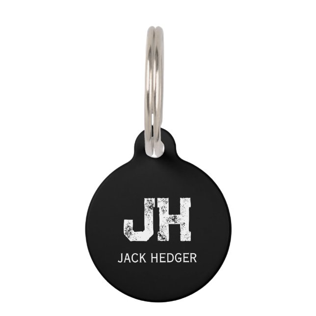 MÉDAILLON POUR ANIMAUX MINIMALIST WHITE TWO LETTER MONOGRAM NAME BLACK  (Devant)