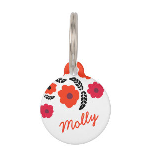 Médaillon Pour Animaux Moderne Orange et Flore Rouge Personnalisé