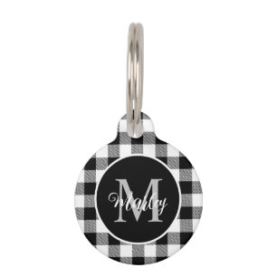 Médaillon Pour Animaux Moderne Plaid Buffalo Noir Blanc Monogrammé Nom 