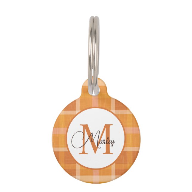 Médaillon Pour Animaux Moderne Plaid Orange Monogramme Nom Personnalisé (Devant)