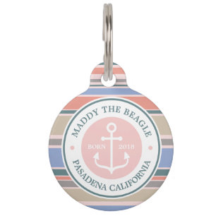 Médaillon Pour Animaux Monogram Anchor Trendy Stripes Pink Nautical Beach