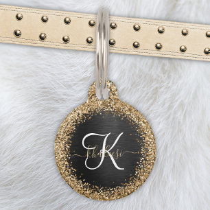 Médaillon Pour Animaux Monogramme à étincelle noire à Parties scintillant