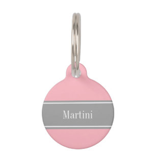 Médaillon Pour Animaux Monogramme avec ruban gris foncé et rose uni