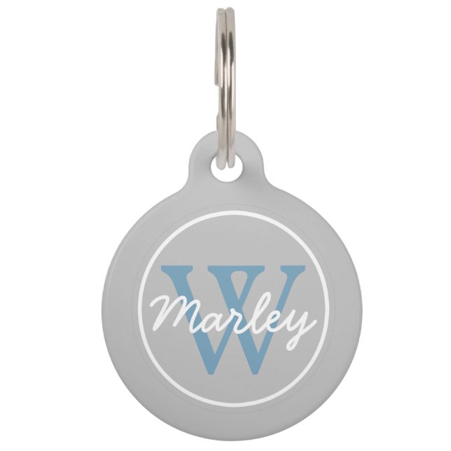 Médaillon Pour Animaux Monogramme bleu cendré et carolina (Devant)