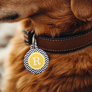 Médaillon Pour Animaux Monogramme de la marine et de Chevron jaune