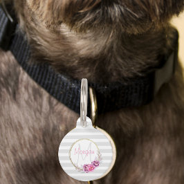 Médaillon Pour Animaux Monogramme élégant à rayures avec bordure florale