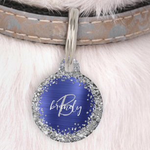 Médaillon Pour Animaux Monogramme Pailleté Argent Métal Brossé Bleu 