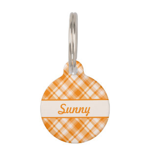 Médaillon Pour Animaux Motif carreaux orange & nom personnalisé d'animal