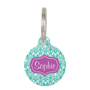 Médaillon Pour Animaux Motif damassé élégant violet et turquoise