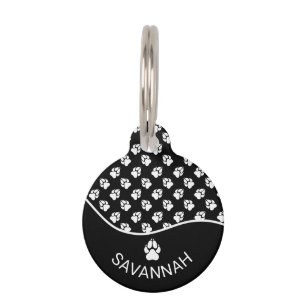 Médaillon Pour Animaux Motif et nom de pattes de chien noir et blanc élég