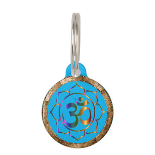 Médaillon Pour Animaux Namaste Aum (Om) & Lotus avec bordure en bronze or