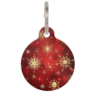 Médaillon Pour Animaux Noël Golden Snowflakes sur Arrière - plan rouge