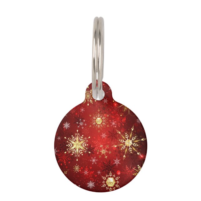 Médaillon Pour Animaux Noël Golden Snowflakes sur Arrière - plan rouge (Devant)