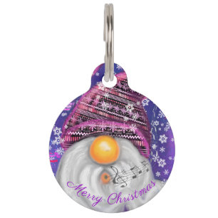 Médaillon Pour Animaux Noel Pet ID Balise Gnome En Chant Casquette Violet