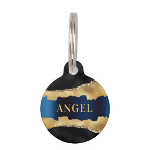 Médaillon Pour Animaux Noir marine bleu or agate marbre nom parties scint