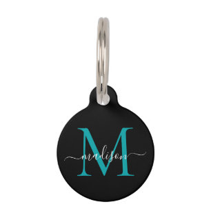 Médaillon Pour Animaux Noir Turquoise Monogramme Feminine Nom du script
