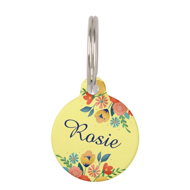 Médaillon Pour Animaux Nom jaune floral joyeux du printemps (Devant)