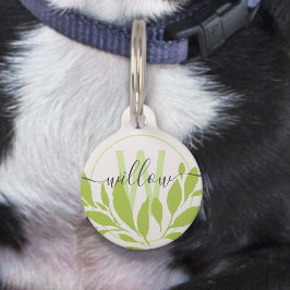 Médaillon Pour Animaux Nom Monogramme Élégant Simple Frais Feuilles Verte