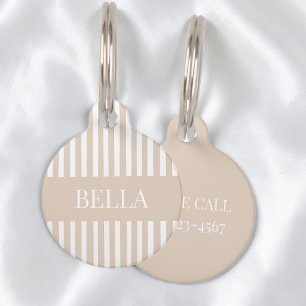 Médaillon Pour Animaux Nom personnalisé chic et girly avec rayures beige